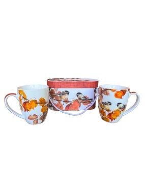 Chickadee & Autumn Leaf Ceramic Mug Gift Set - White and Orange